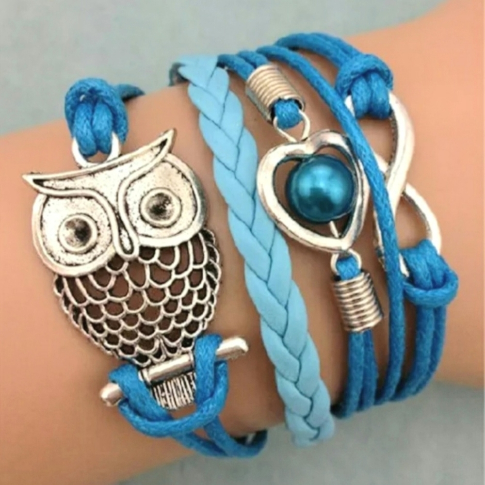 Blue & Silver Owl Infinity Heart Pearl Layered Layering Tiered Charm Bracelet